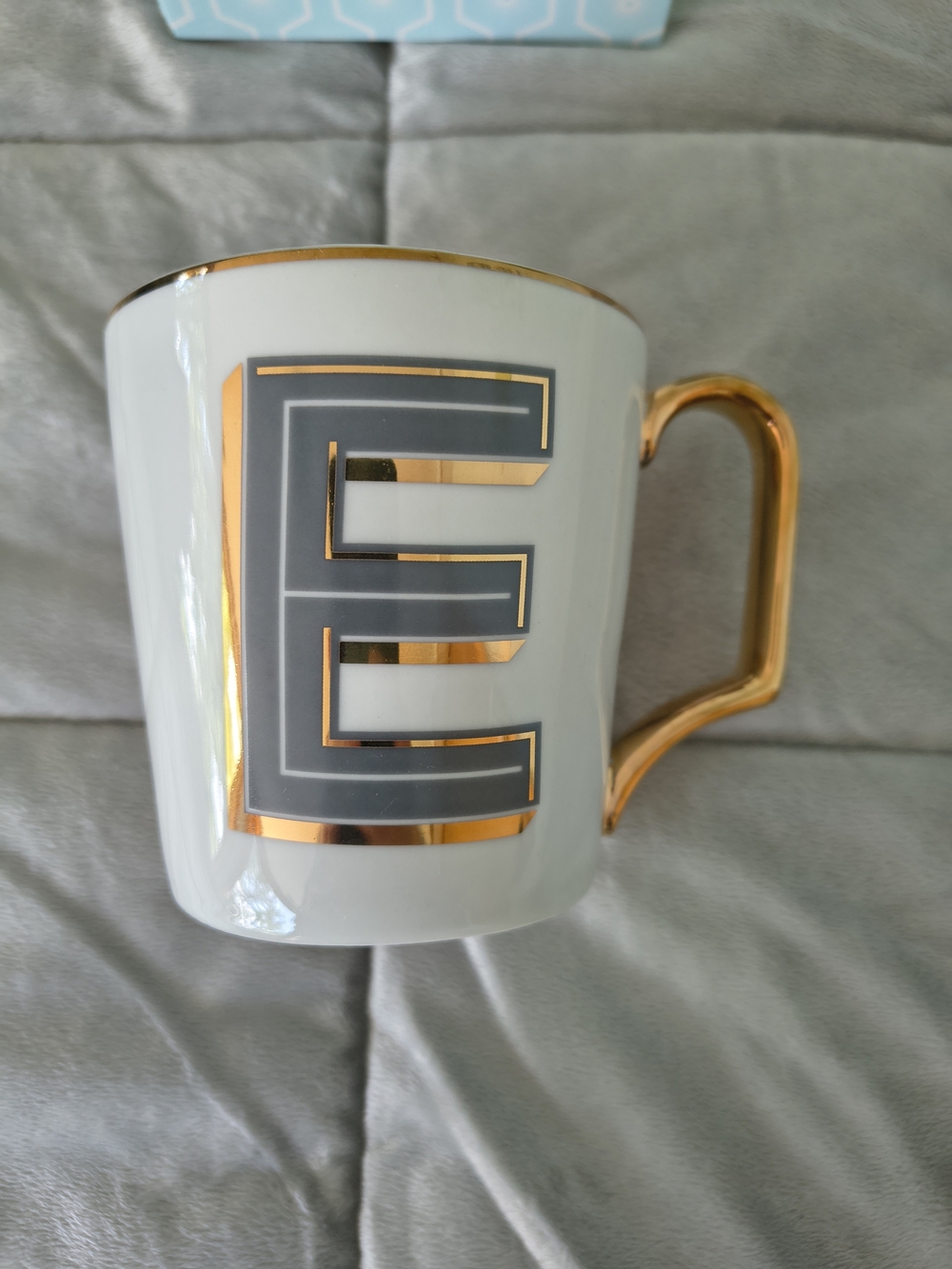 Rosanna White Ceramic Mug with Gray Monogram and Gold Trim